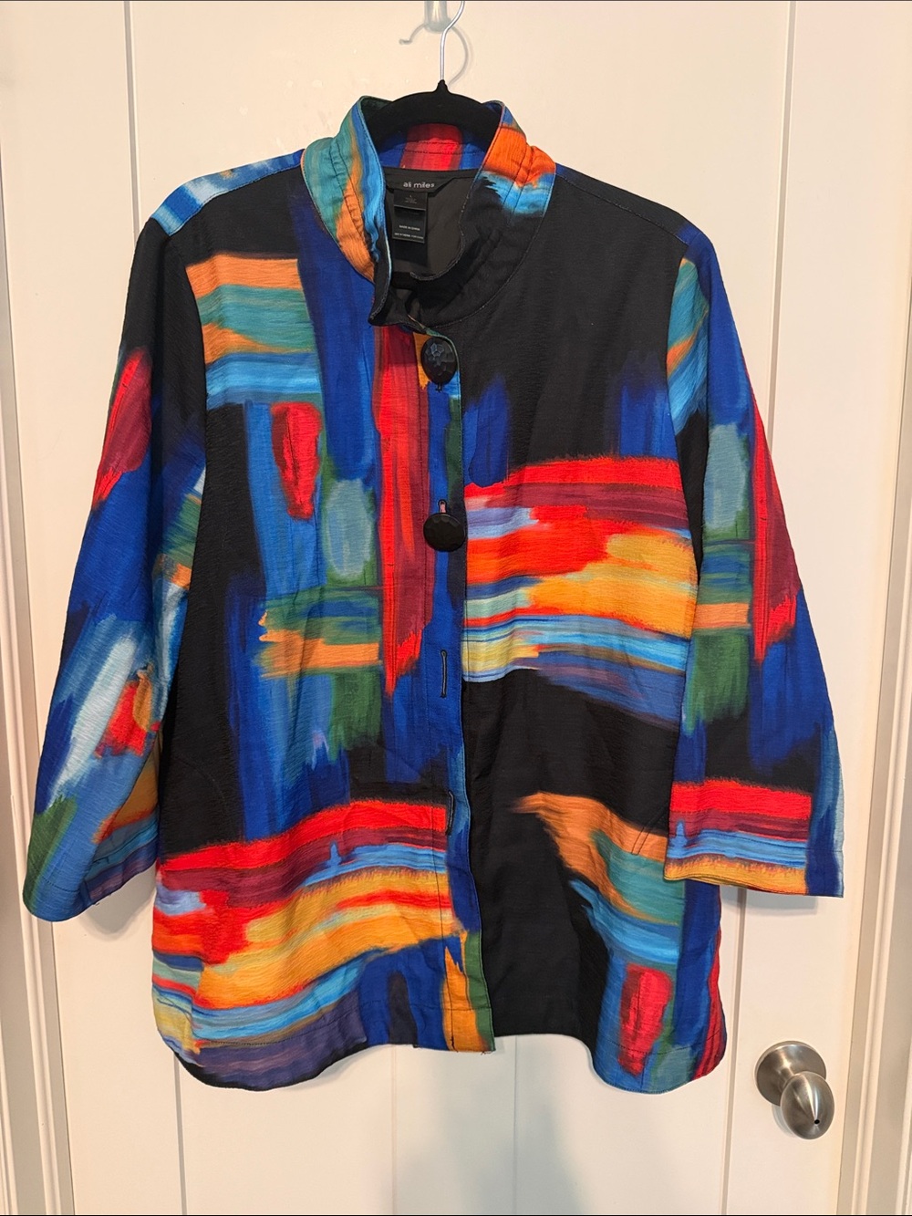Ali Miles Vibrant Abstract Brushstroke Jacket in Black, Blue, Red, Orange, Green